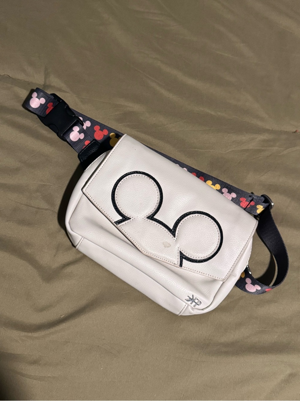 Freshly Picked White Crossbody Bag with Mickey Ear Accent and Patterned Strap